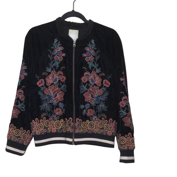 Anthropologie Elevenses Hallie Embroidered Bomber Jacket Black Velvet – Size S - Picture 1 of 15